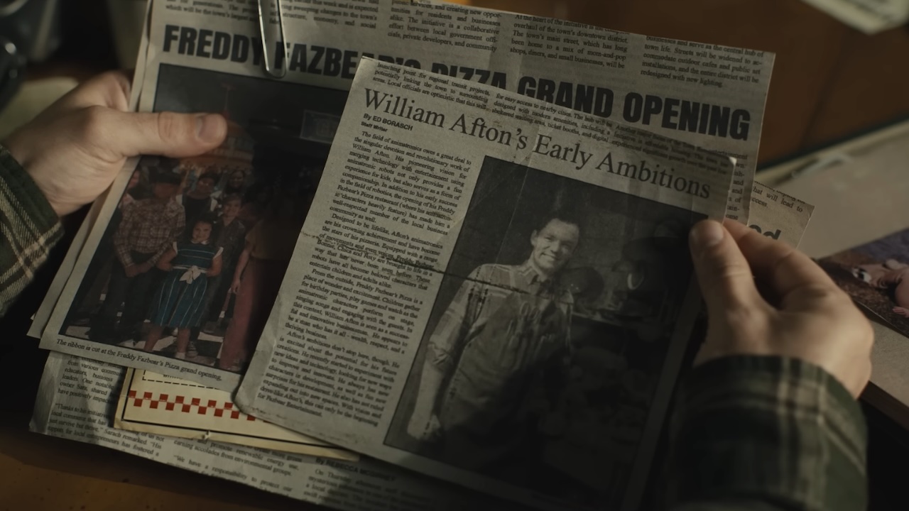 Mike looking at newspaper clippings about William Afton in Five Nights at Freddy&#039;s 2