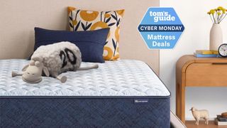 Navy and white Serta Sleeptrue firm hybrid mattress with a cartoon sheep, floral pillow and navy pillow on top