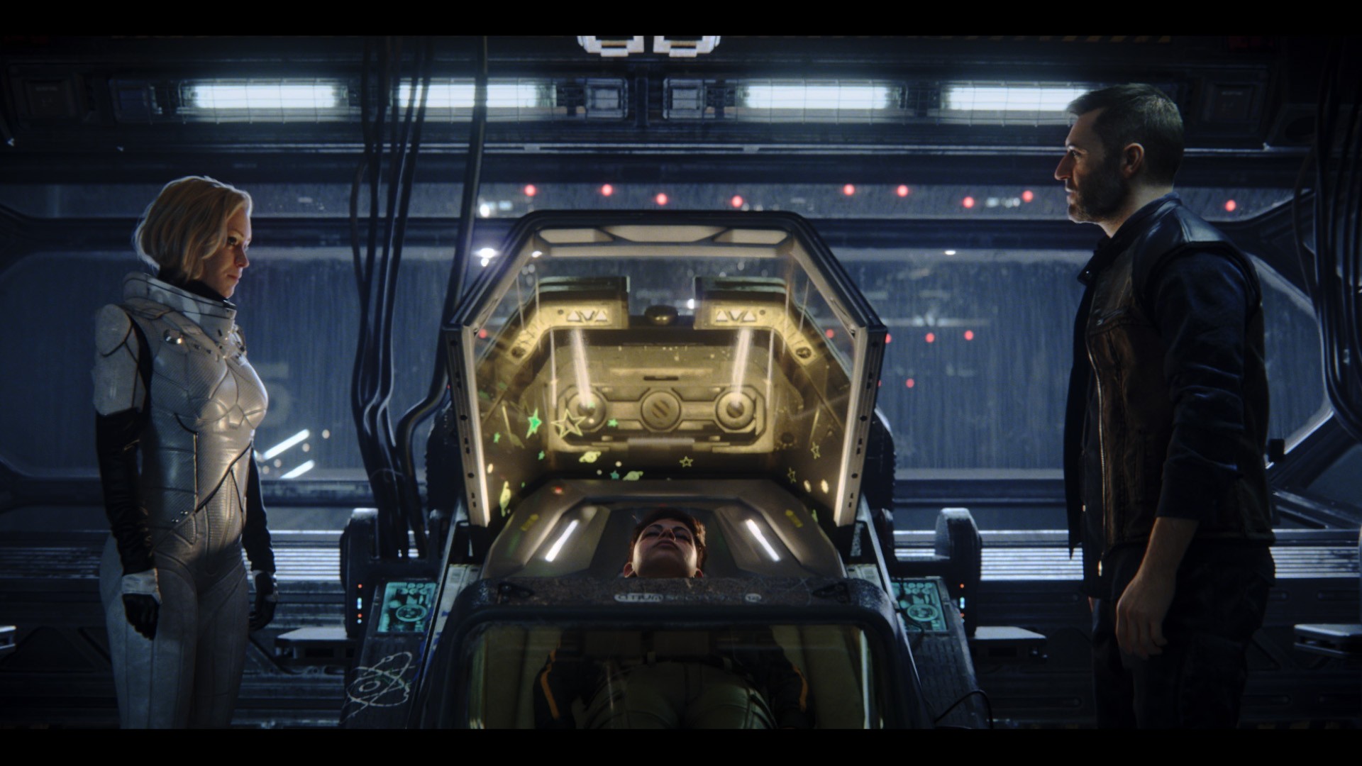 Screenshot from the animated tv series Love, Death & Robots. This still is from the episode Beyond the Aquila Drift. Here we see a woman in a white spacesuit on the left and a man wearing dark clothes on the right. They are both on a darkly lit spaceship and between them is a person in a sleeping pod.