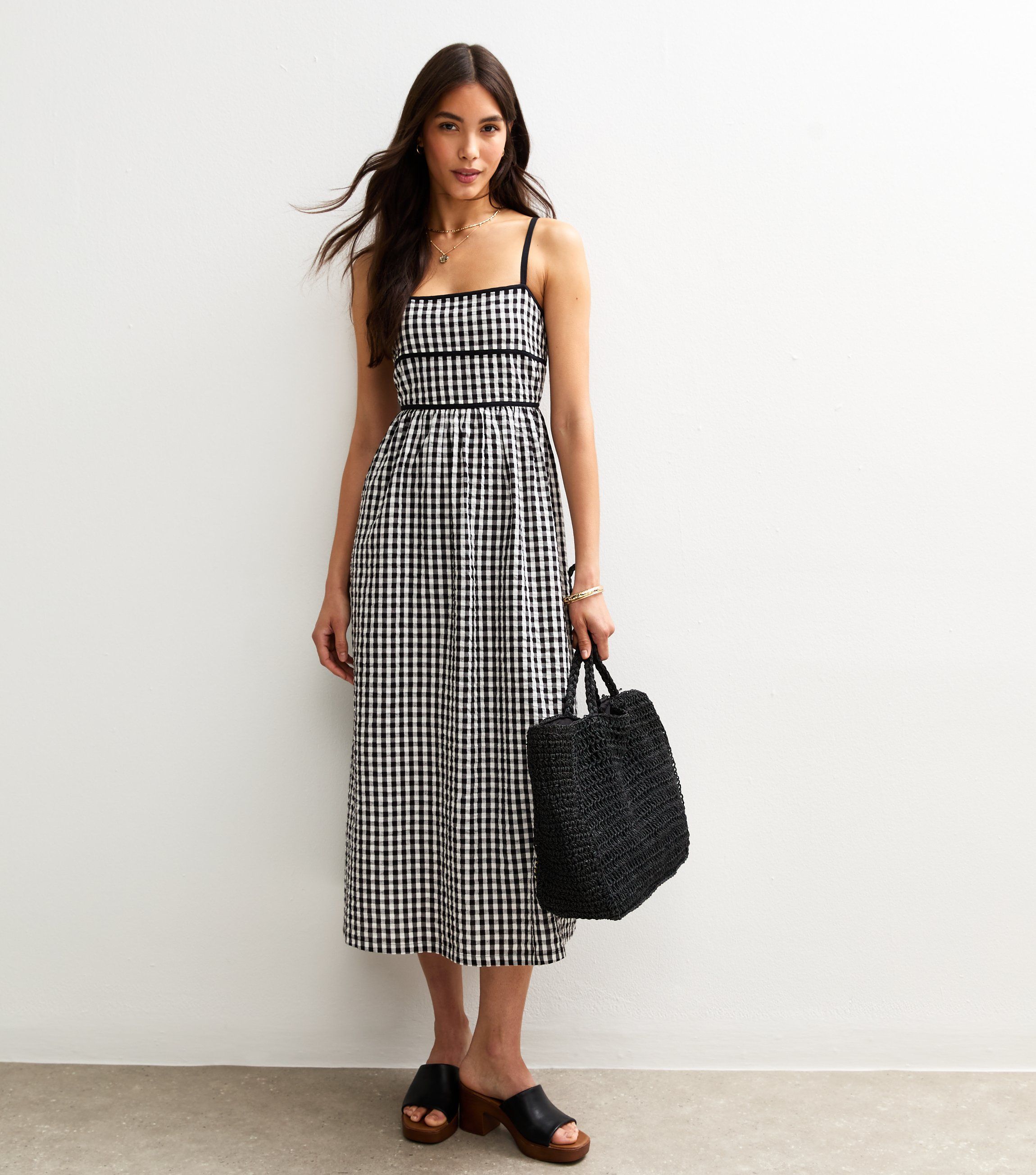 Black Gingham Check Strappy Midi Dress