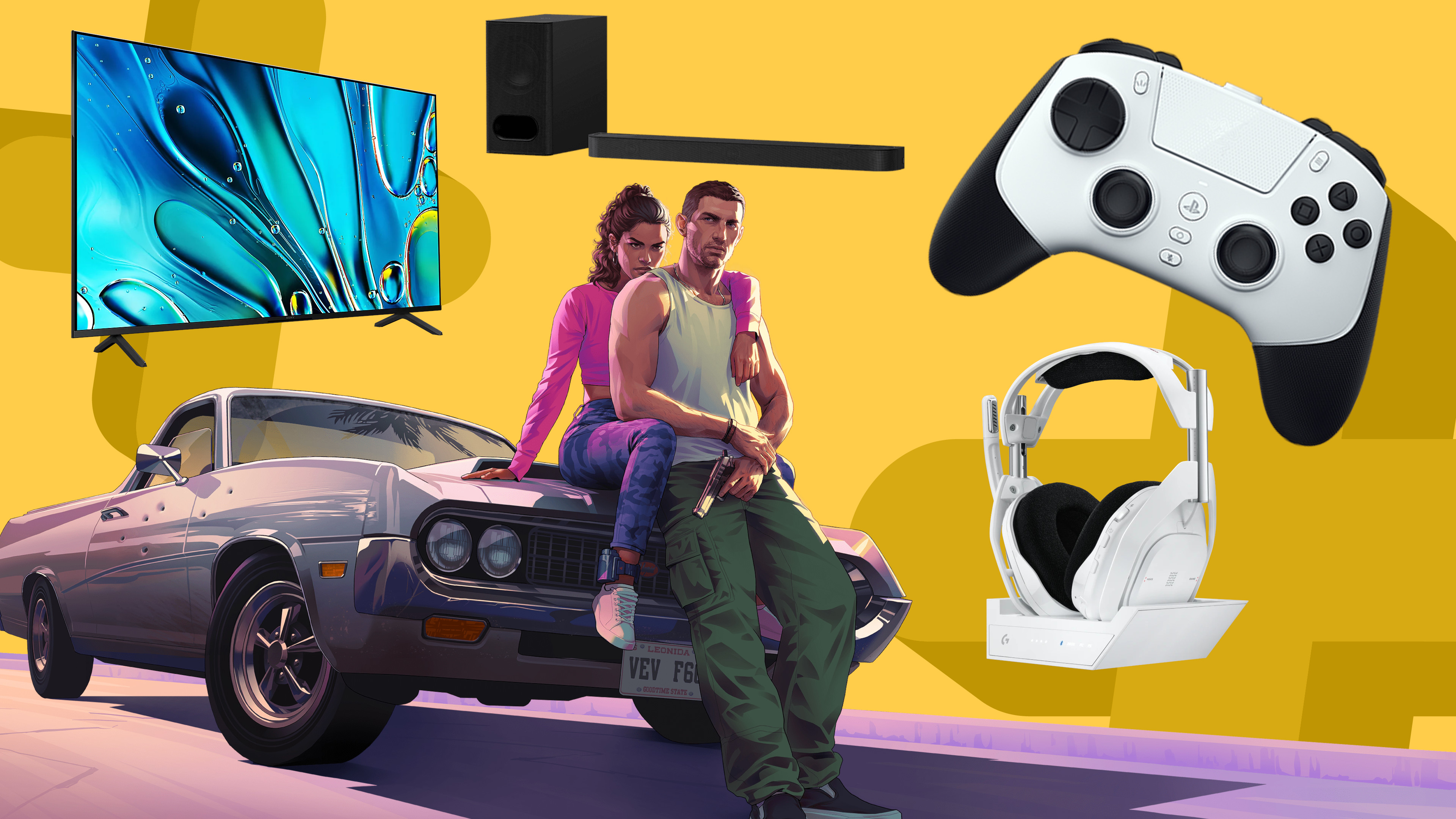 GTA 6 key art on a yellow background with gaming accessories around the edge