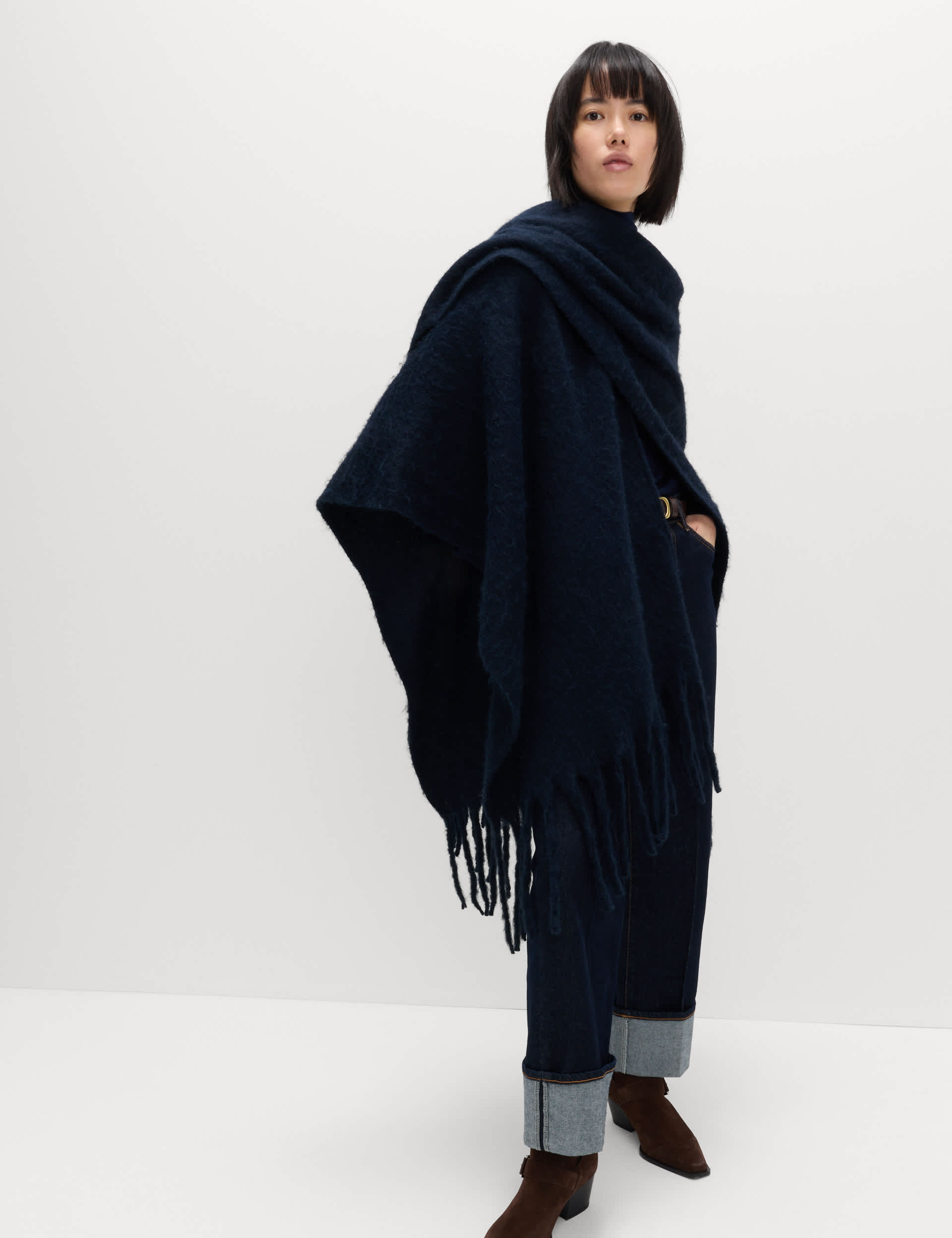 Brushed Fringed Wrap Scarf With Wool