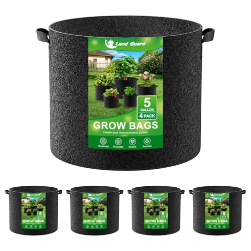Land Guard 4-Pack Fabric Grow Bags 5 Gallon, Thickened Nonwoven Garden Pots, Growing Bags With Handles, Black