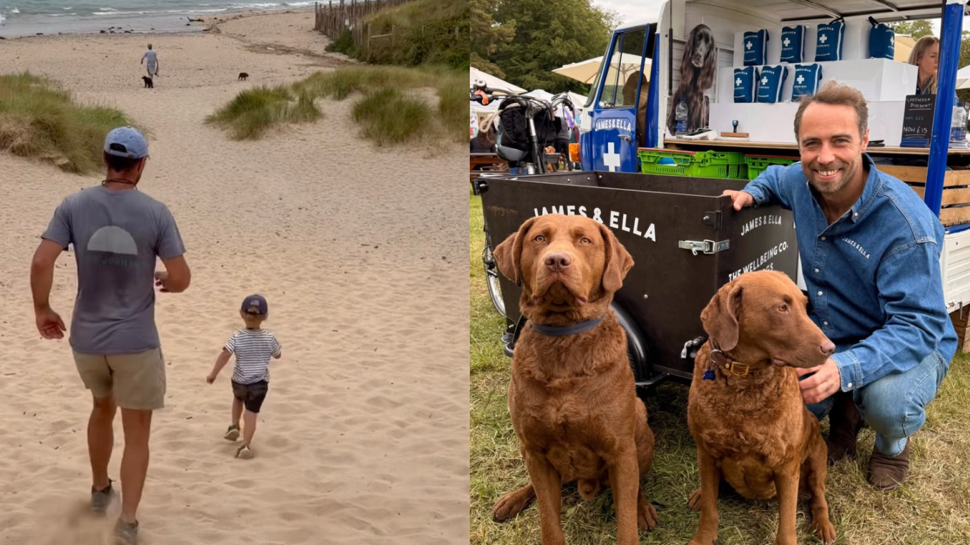 James Middleton running on a beach; James Middleton kneeling with two dogs 