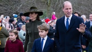 Princess Charlotte, Catherine, Princess of Wales, Prince George and Prince William, Prince of Wales attend the Christmas Day service on December 25, 2022