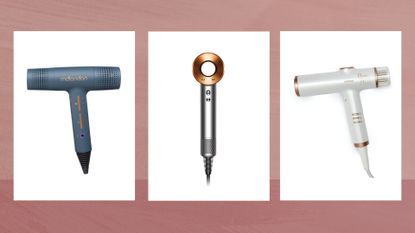 Collage of three of the quietest hair dryers featured in this guide from (left to right) mdlondon, Dyson and Beauty Works, set against a dark pink watercolour style background