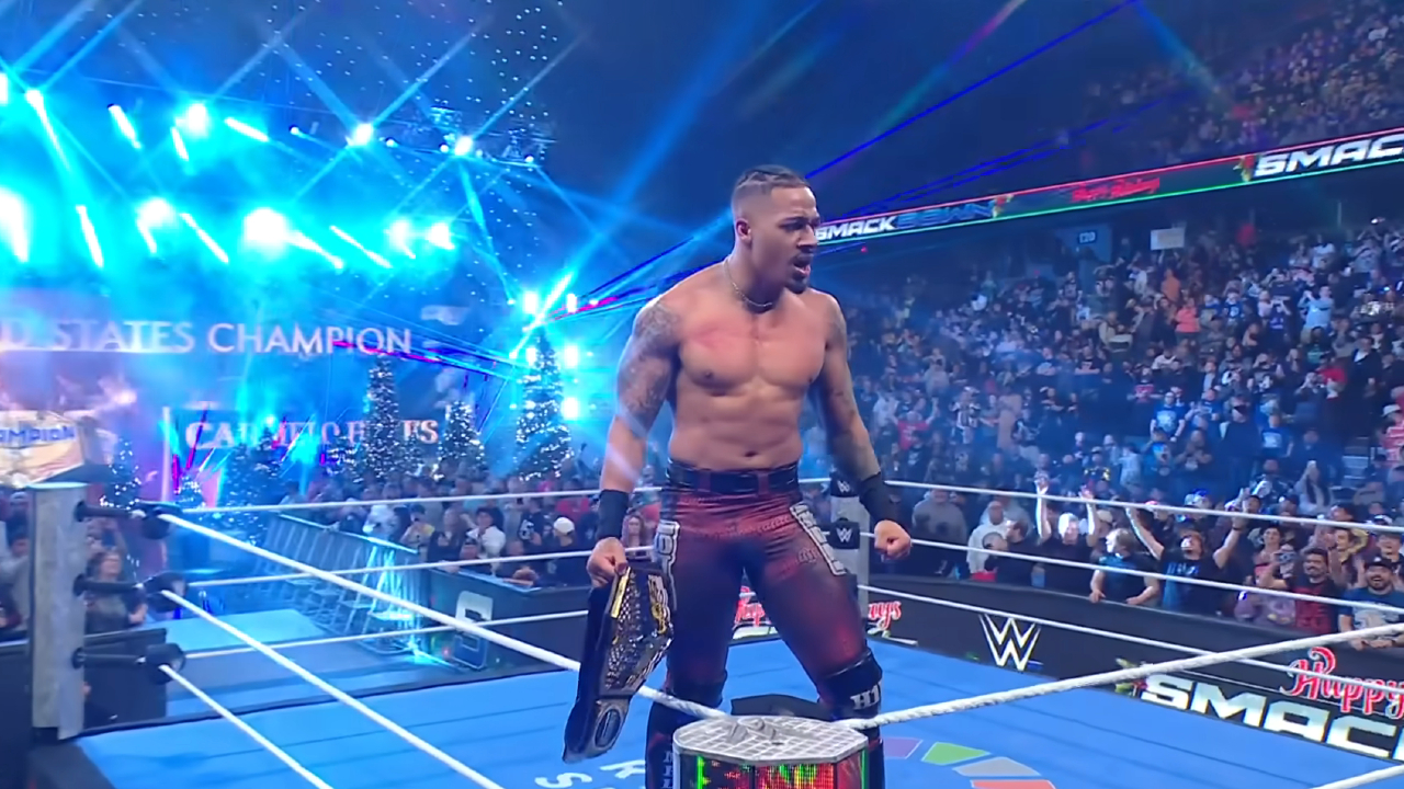 Carmelo Hayes after winning the United States Championship on SmackDown