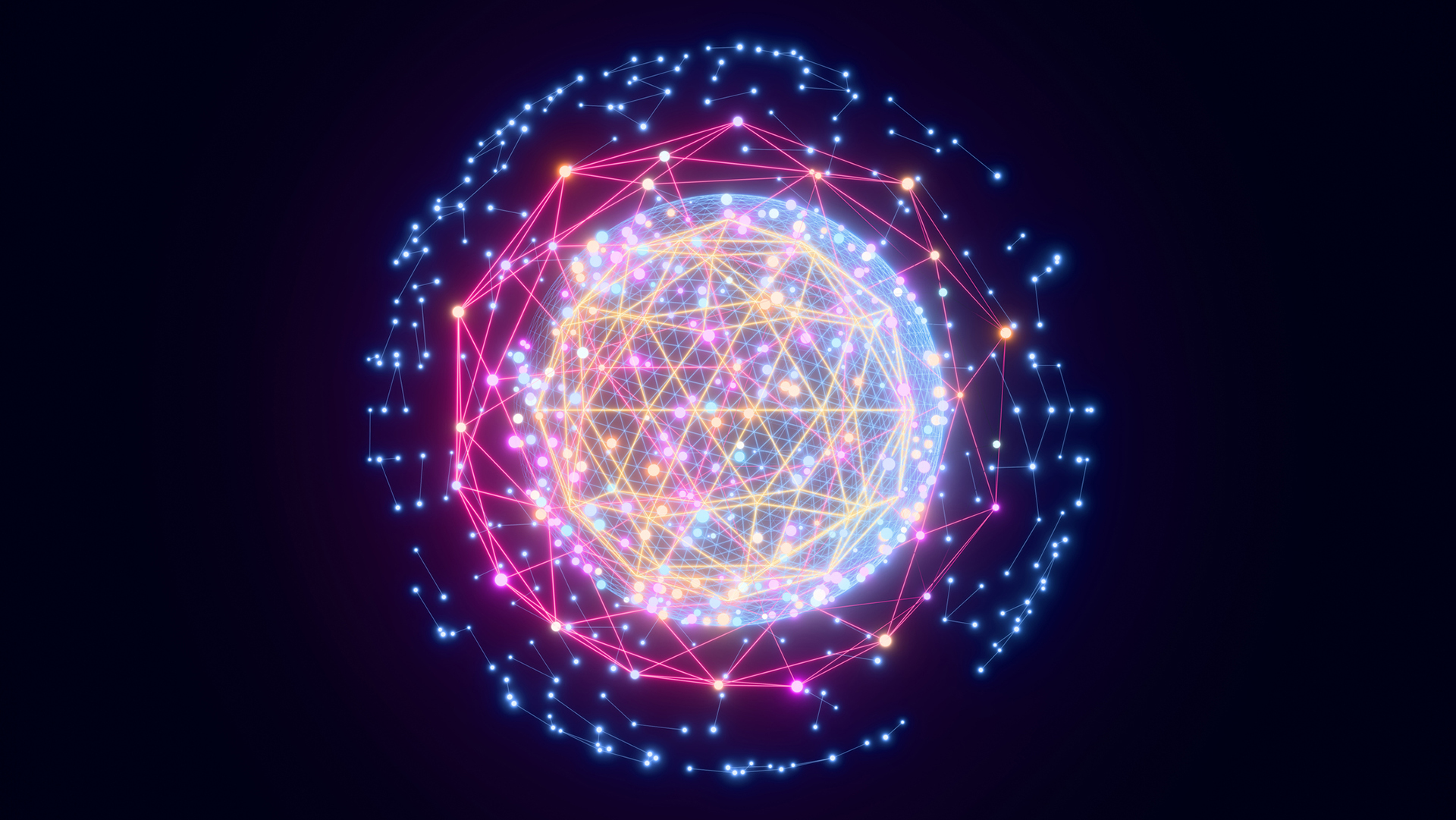 An abstract image showing many pink nodes forming a computing cluster, around a glowing core containing blue nodes and orange nodes on a black background.