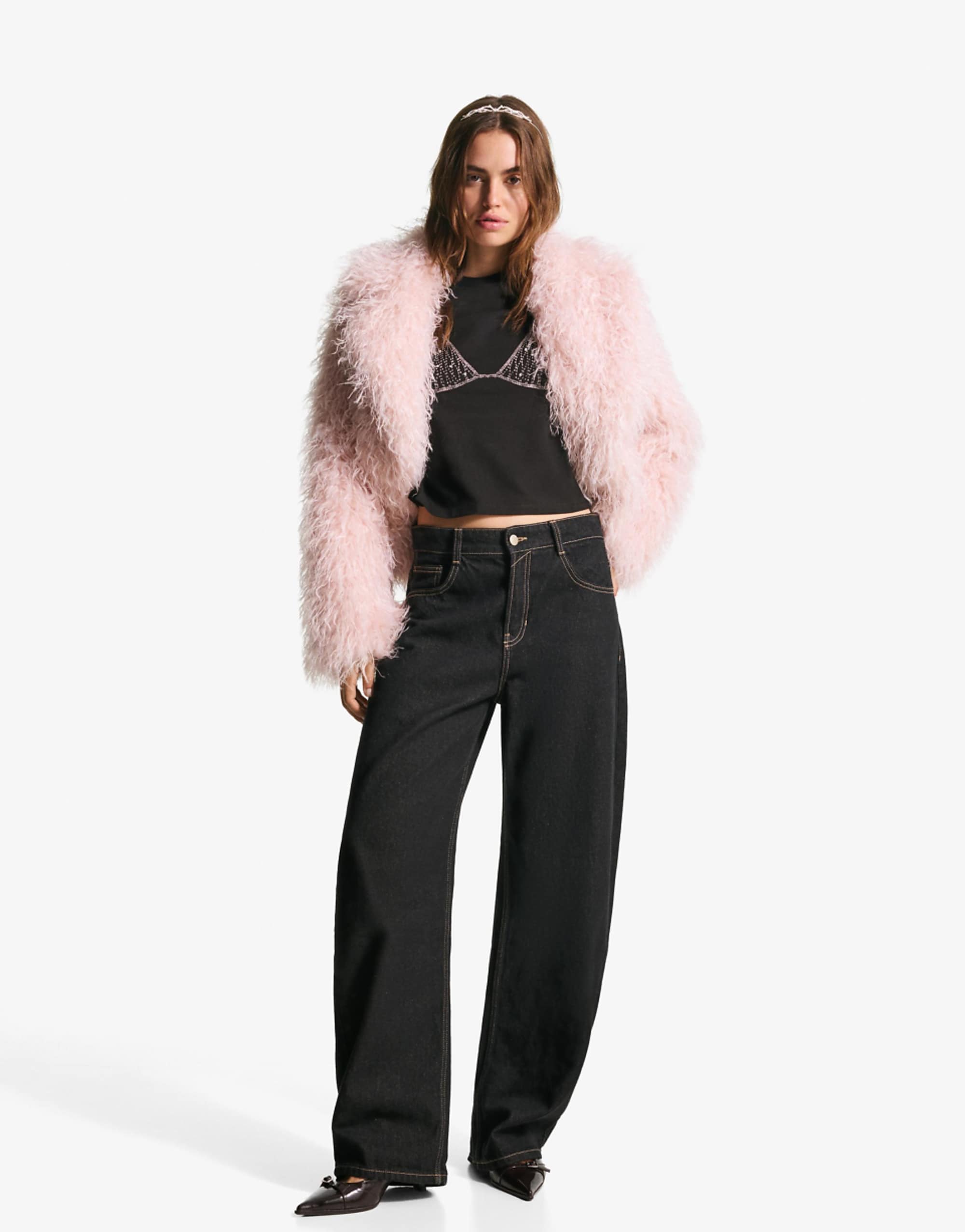 Bershka Faux Fur Jacket in Pink