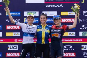 Elite women's podium at WHOOP UCI Mountain Bike World Series round 2 Arax&aacute;, Brazil