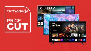 Three TVs on a red background next to TechRadar price cut badge