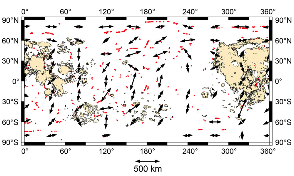 The map shows the locations of over 3,200 lobate thrust fault scarps (red lines) on the Moon.
