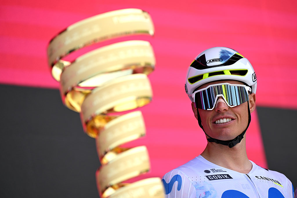 Enric Mas of Spain and Team Movistar and a view of Trofeo Senza Fine prior to the 109th Giro d&amp;apos;Italia 2026, Stage 1 a 147km stage from Nessebar to Burgas / #UCIWT / on May 08, 2026 in Nessebar, Bulgaria. (Photo by Dario Belingheri/Getty Images)