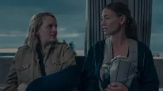 Elisabeth Moss as June and Yvonne Strahovski as Serena in The Handmaid's Tale