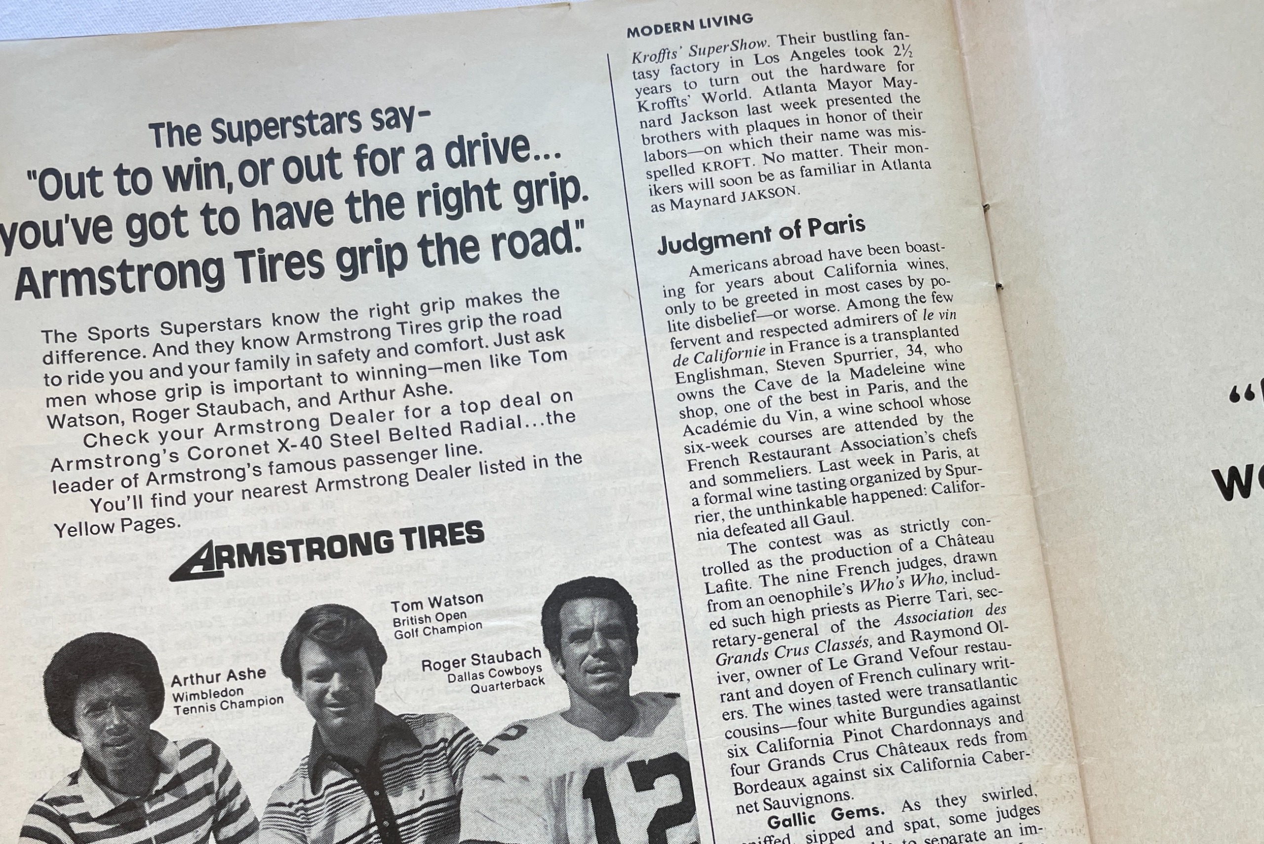 Part of the Time magazine page containing the Judgment of Paris article and an Armstrong Tires ad