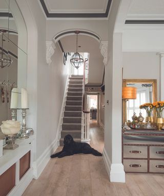 hallway with open staircase and openings into living spaces, wooden floor and high ceilings with grey cornice detail