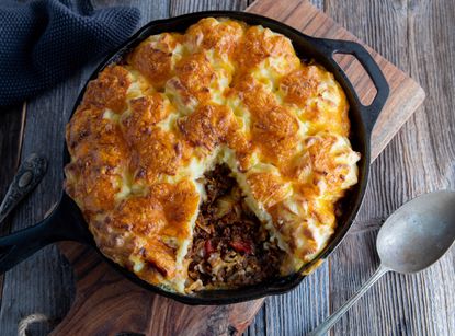 Five-a-day cottage pie with portion cut out