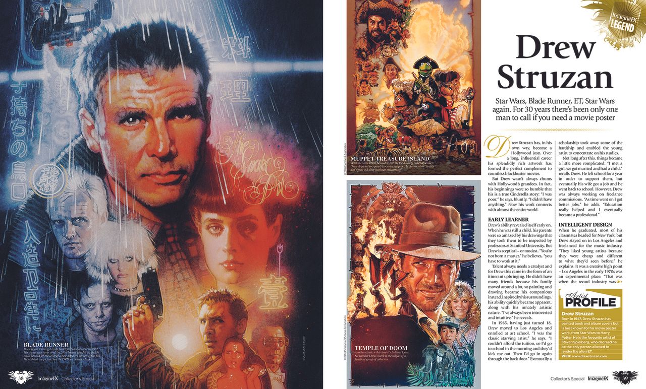 A magazine spread showing movie poster art by Drew Struzan