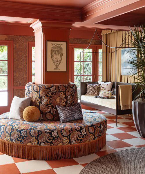 pink pool room with circular couch