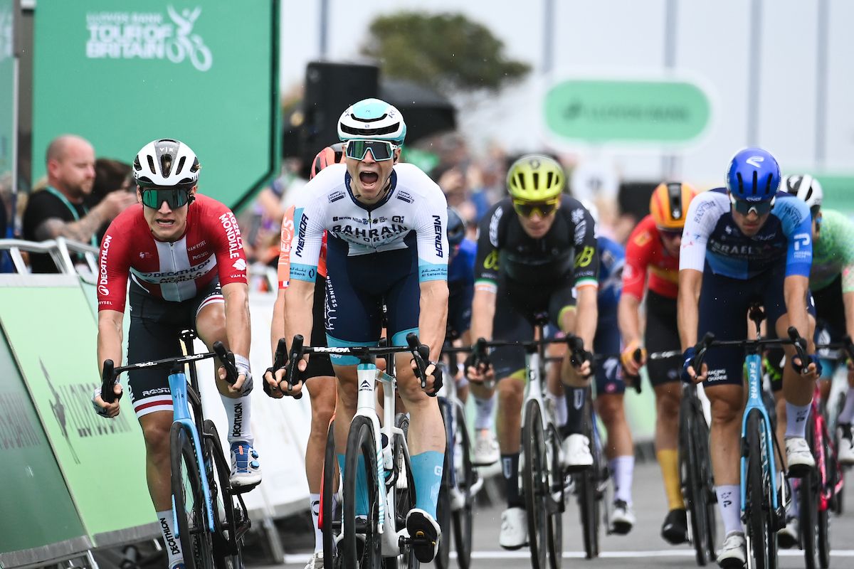 Picture by Simon Wilkinson/SWpix.com - 08/09/2024 - Lloyds Bank Tour of Britain 2024 - Stage 6: Lowestoft to Felixstowe -Matev&Aring;&frac34; Govekar (Bahrain Victorious) wins Stage 6 of the Lloyds Bank Tour of Britain 2024 in Felixstowe