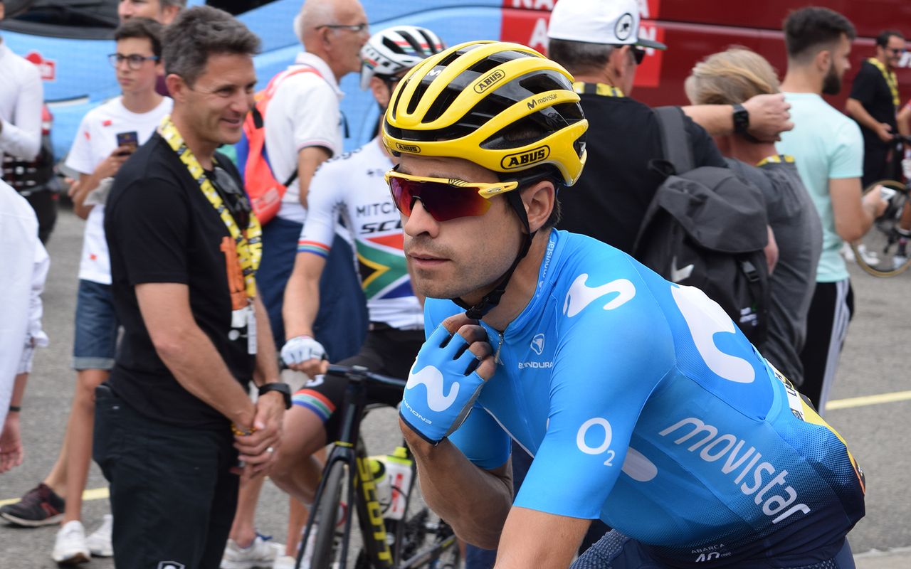 Mikel Landa and his Movistar teammates are leading the team classification at the mid-point of the race and are wearing yellow Abus helmets and jersey numbers
