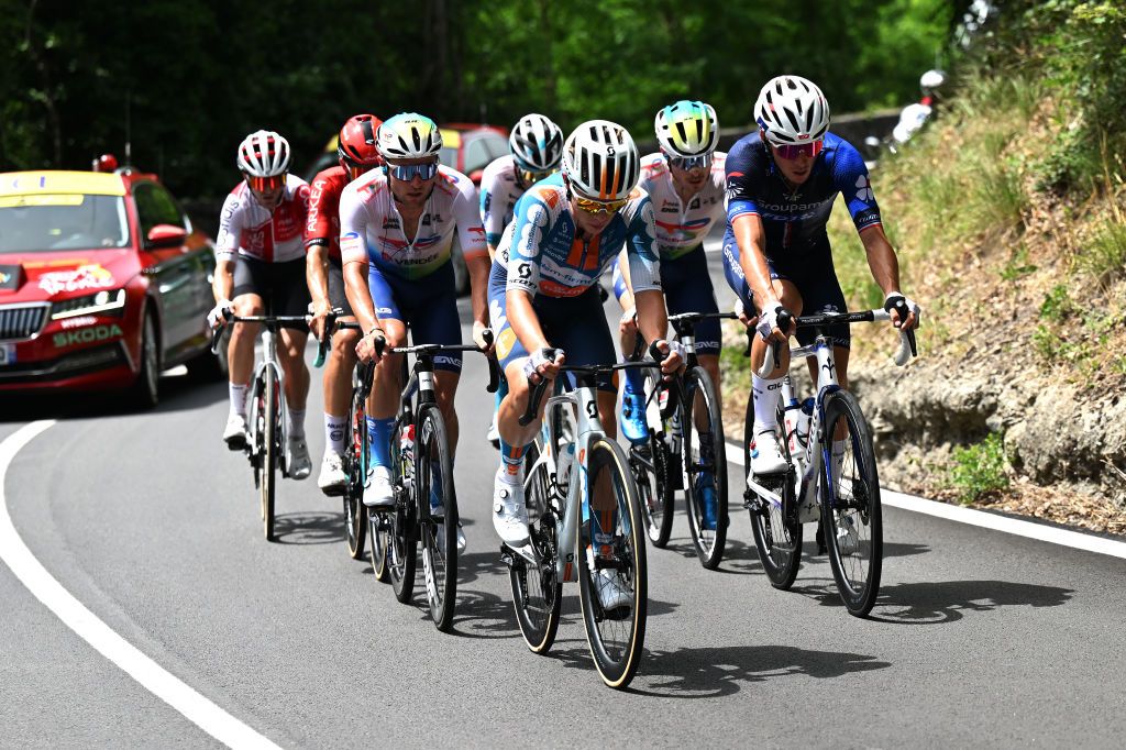 RIMINI ITALY JUNE 29 LR Frank van den Broek of Netherlands and Team dsmfirmenich PostNL and Valentin Madouas of France and Team Groupama FDJ compete in the breakaway during the 111th Tour de France 2024 Stage 1 a 206km stage from Firenze to Rimini UCIWT on June 29 2024 in Rimini Italy Photo by Tim de WaeleGetty Images