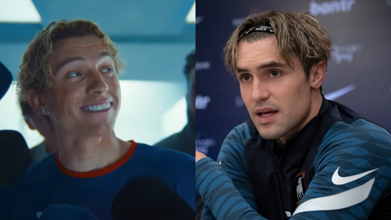 From left to right: Tom Holland blonde and dressed as a footballer and Jamie Tartt in Season 3 of Ted Lasso with his blonde hair. 