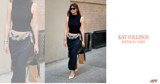 Kat Collings black tank and maxi skirt street style outfit.