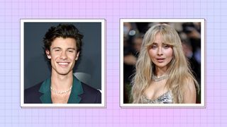 Shawn Mendes pictured wearing a navy suit as he smiles, alongside a picture of Sabrina Carpenter wearing a gold/silver dress at the 2022 Met Gala/ in a blue check template