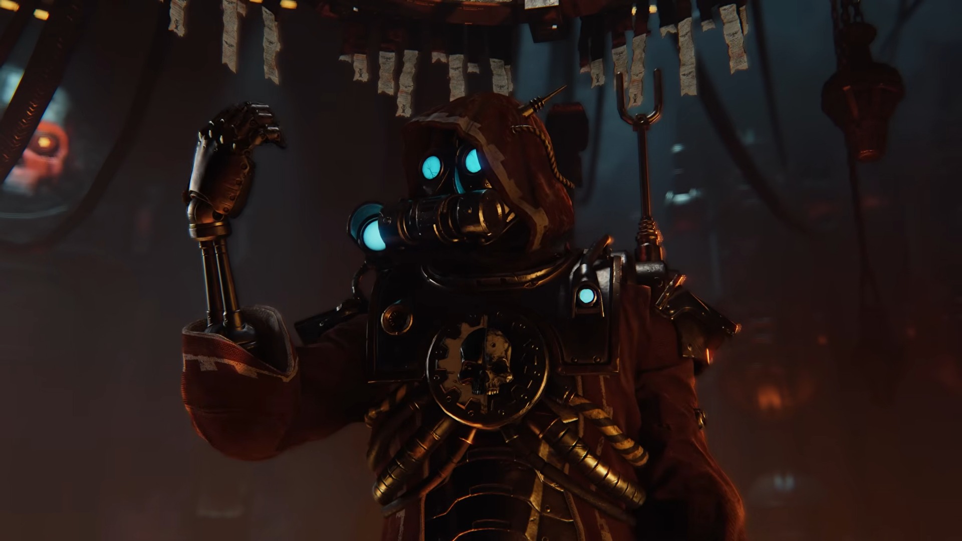 A mysterious figure in a dark hooded robe with glowing blue eyes and mechanical gloves stands in a dimly lit, industrial setting, evoking a sense of intrigue.