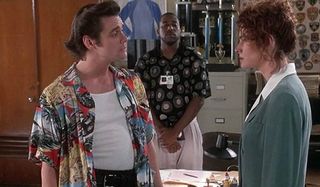 Jim Carrey, Tone Loc, and Sean Young in the problematic Ace Venture: Pet Detective