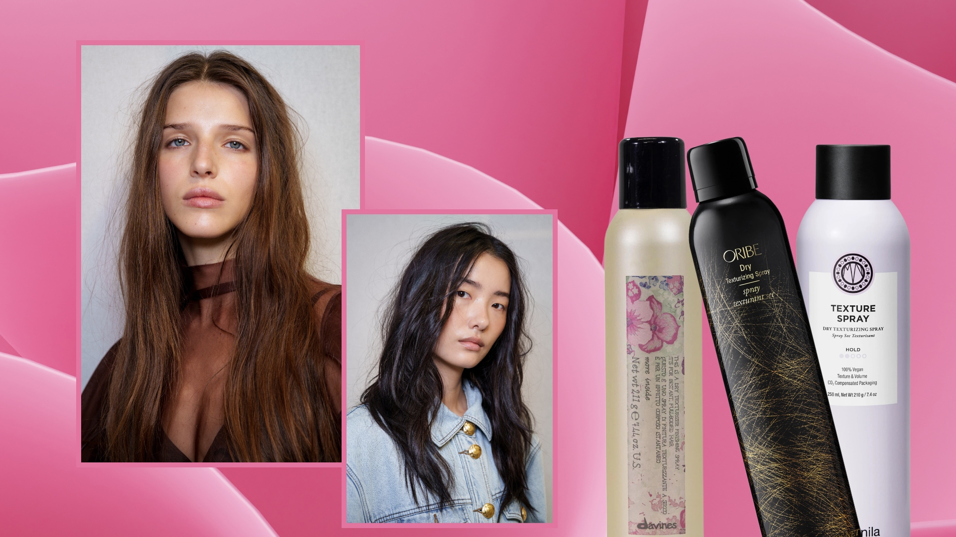 dry texturizer collage on a pink background with models with texturized hair