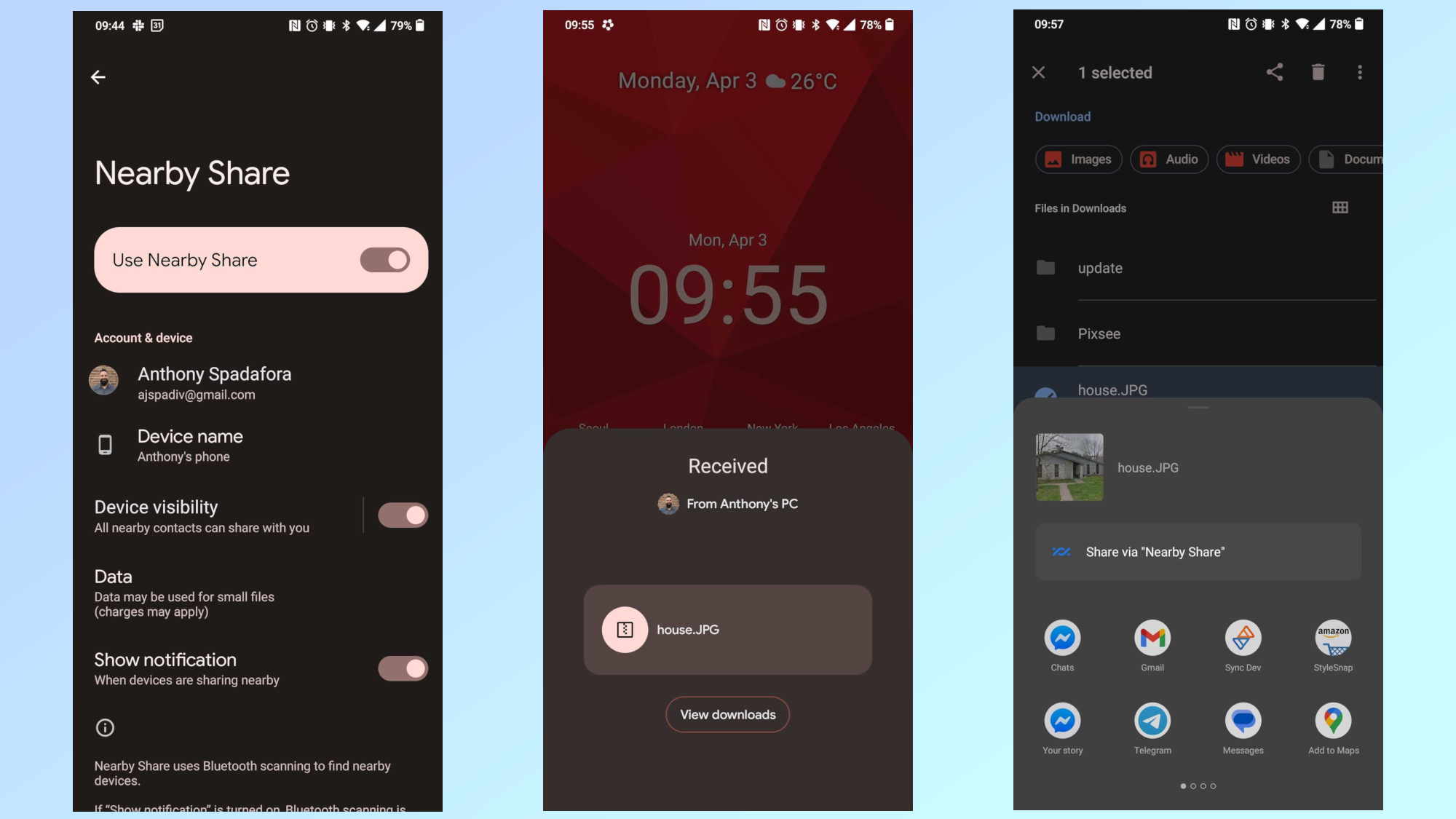 Capturas de pantalla que muestran cómo habilitar Nearby Share y cómo funciona en un teléfono inteligente Android