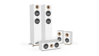 The Jamo S 807 speaker package in white, pictured against a white background