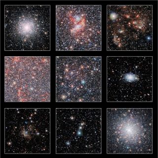These cutouts show a series of highlights from the European Southern Observatory's massive infrared image of the Small Magellanic Cloud, a neighboring galaxy to our own Milky Way that is about 200,000 light-years away. The lower right panel shows the brilliant globular star cluster 47 Tucanae, which is closer to Earth than the Small Magellanic Cloud.