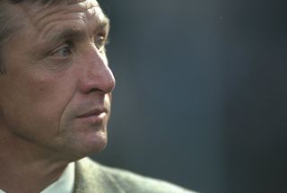 Johan Cruyff attends a game between Ajax and Juventus in April 1997.