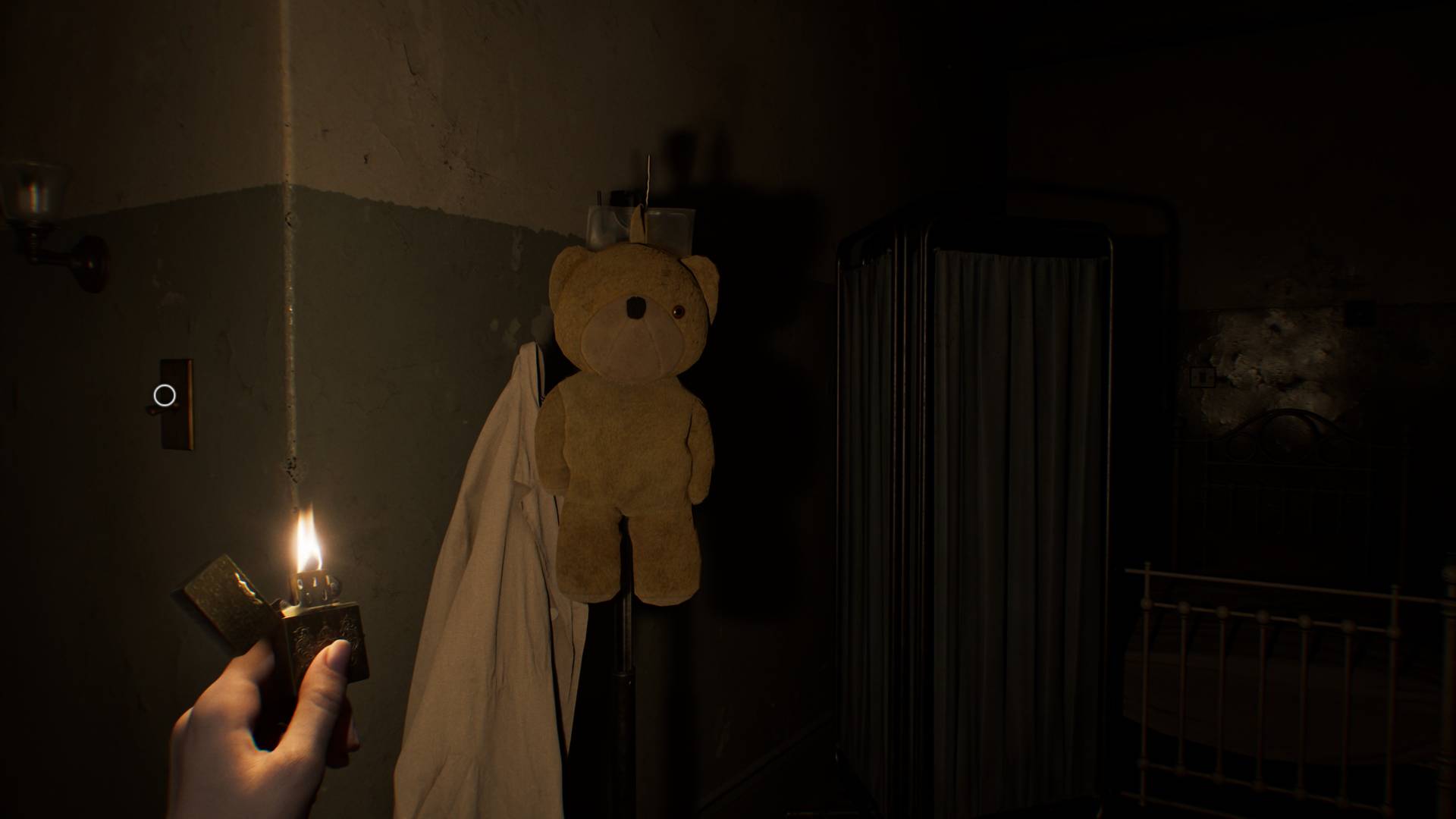 Resident Evil Requiem screenshot with bear and lab coat on hook.