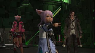 A Final Fantasy 14 character points to something off the screen as two others in the background watch on