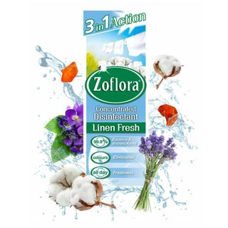 Zoflora Linen Fresh Disinfectant in blue and green packaging with water and flowers around it