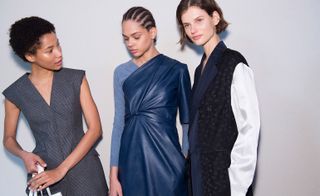Stella McCartney A/W 2018 backstage, leather and cotton dresses with shirts underneath