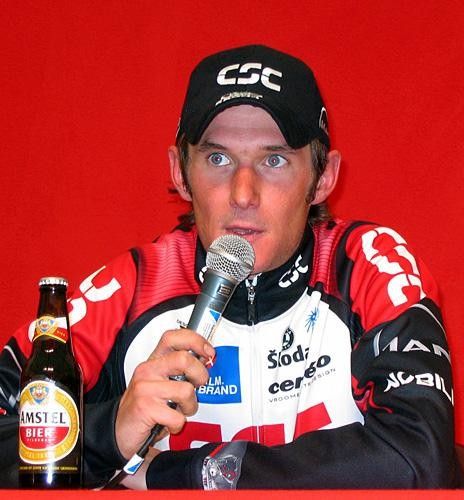 Frank Schleck talking to the press after the race