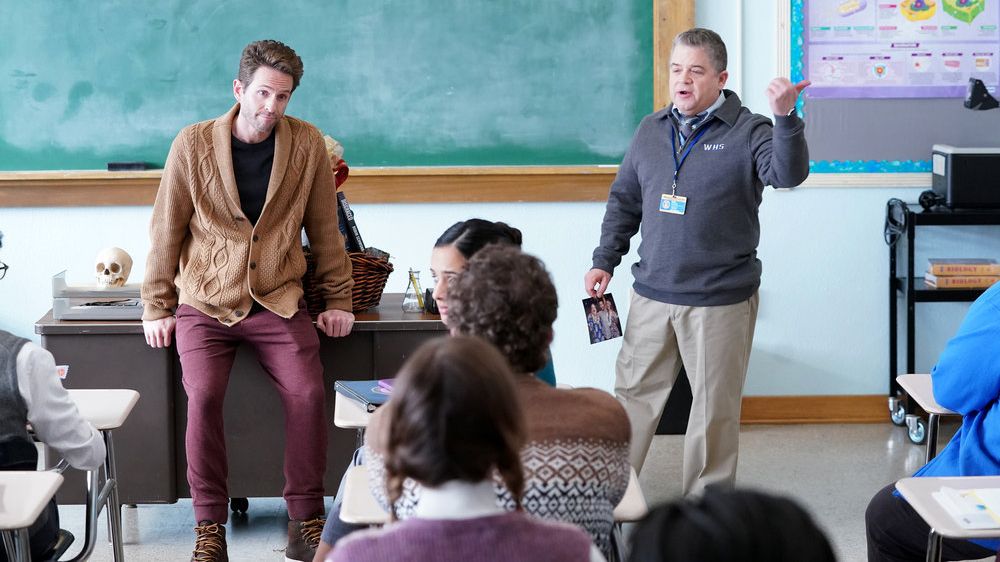 Glenn Howerton (left) as Jack and Patton Oswalt as Principal Durbin in Peacock&#039;s &#039;A.O. Bio&#039;