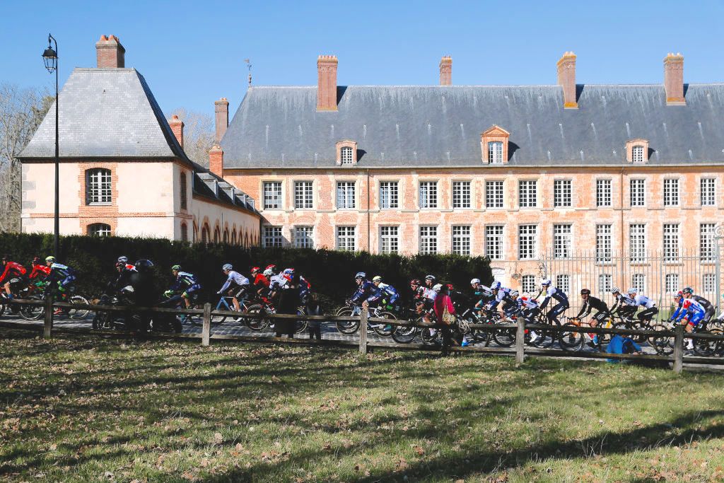 SAINT-CYR-L'ECOLE, FRANCE - MARCH 07: The peloton during the 79th Paris - Nice 2021, Stage 1 a 166km stage from Saint-Cyr-l'Ecole to Saint-Cyr-l'Ecole / #ParisNice / on March 07, 2021 in Saint-Cyr-l'Ecole, France. (Photo by Bas Czerwinski/Getty Images)