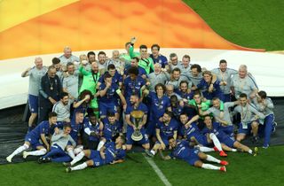 Chelsea celebrate with the Europa League trophy