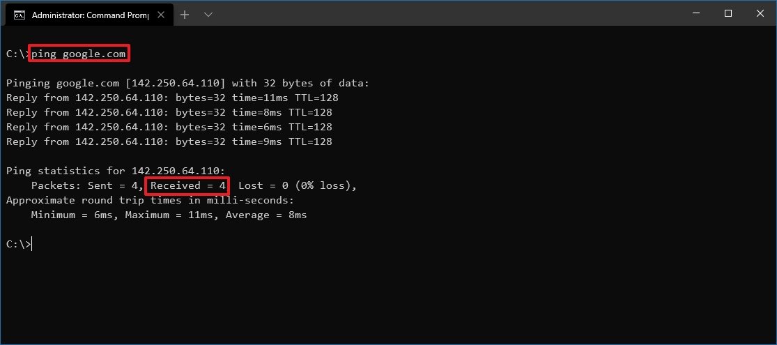 Ping command test PC to internet connection