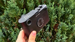 Leica M11-D held in the hand showing the rear of the camera and top plate shot in front of a green bush