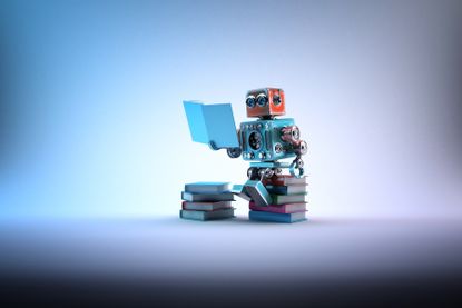  Robot sitting on stack bunch of books