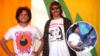 Todd Huth (L) and Les Claypool of Sausage pose during Laguna Seca Daze at Laguna Seca Raceway on May 28, 1994 in Laguna Seca, California