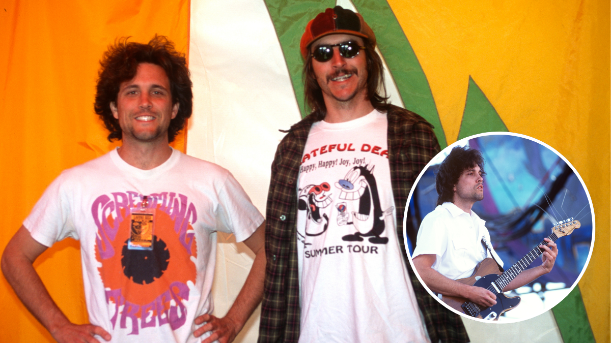 Todd Huth (L) and Les Claypool of Sausage pose during Laguna Seca Daze at Laguna Seca Raceway on May 28, 1994 in Laguna Seca, California