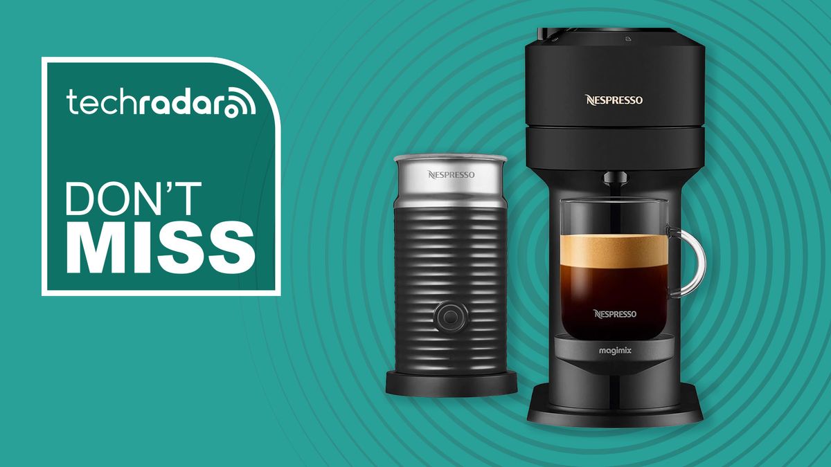 Nespresso Vertuo Next coffee maker and milk frother on teal background with text reading &quot;TechRadar don&#039;t miss&quot;